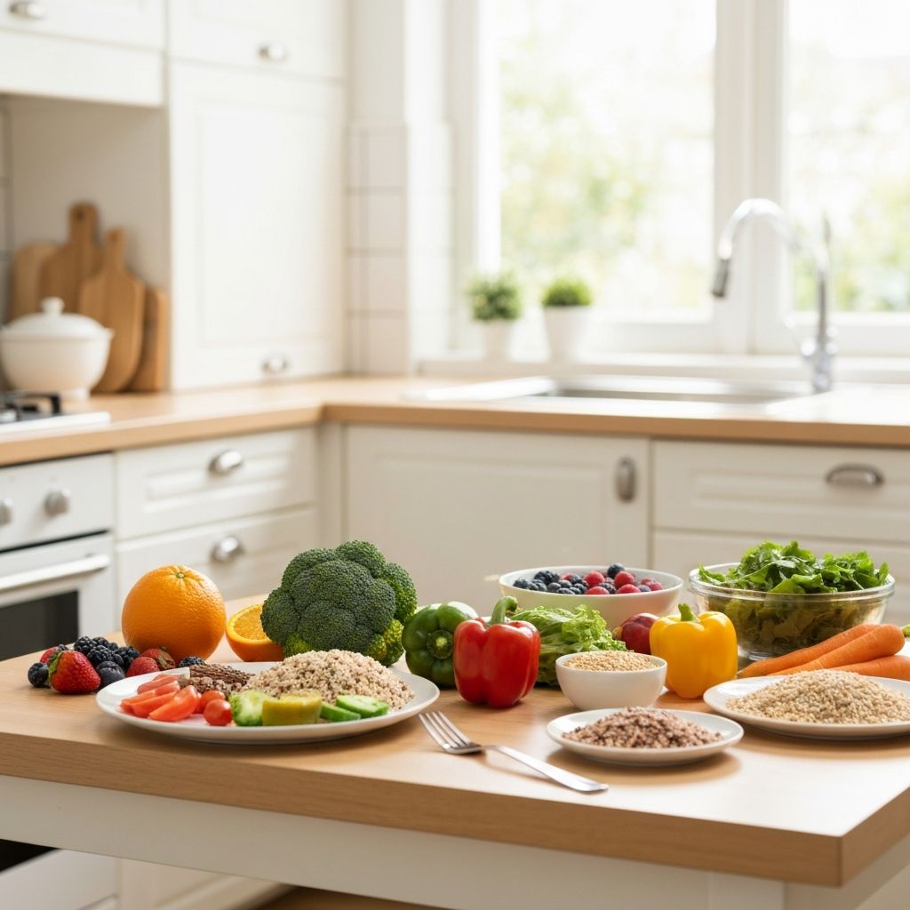 Balanced healthy nutrition with fresh vegetables and whole foods