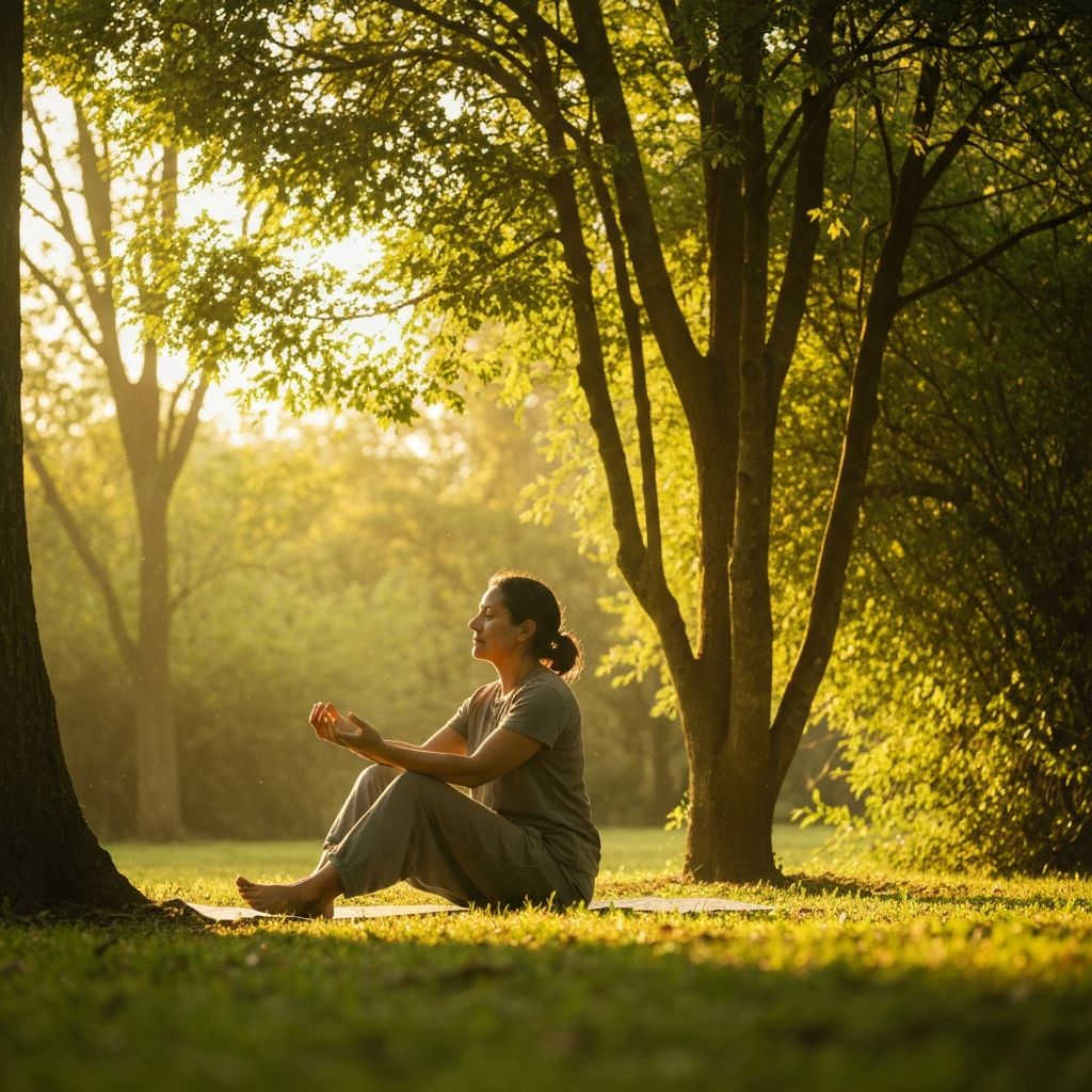 Person in mindful meditation practice in natural peaceful setting